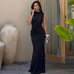 High Neck Draped Ruched Maxi Dress