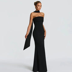 Strapless Maxi Dress with Sculpted Scarf Collar