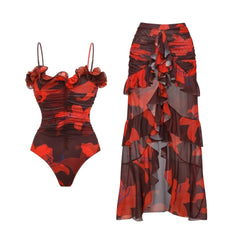Ruched ruffle trim two-piece set garment flat lay