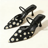 Daisy embroidered mesh slingback heels in black