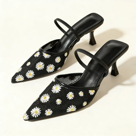 Daisy embroidered mesh slingback heels in black