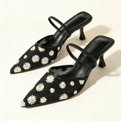 Daisy embroidered mesh slingback heels in black