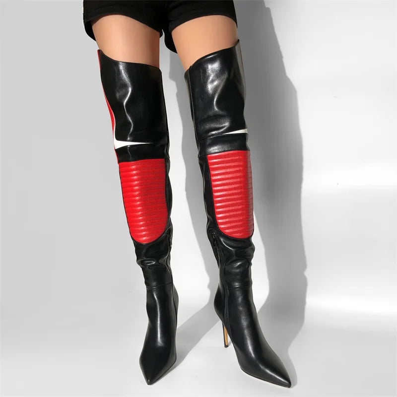 Black and red patchwork pointed toe over the knee boots