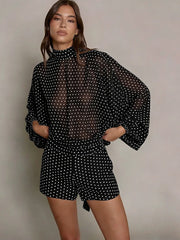 Polka Dot Sheer Turtleneck Top and Shorts Set