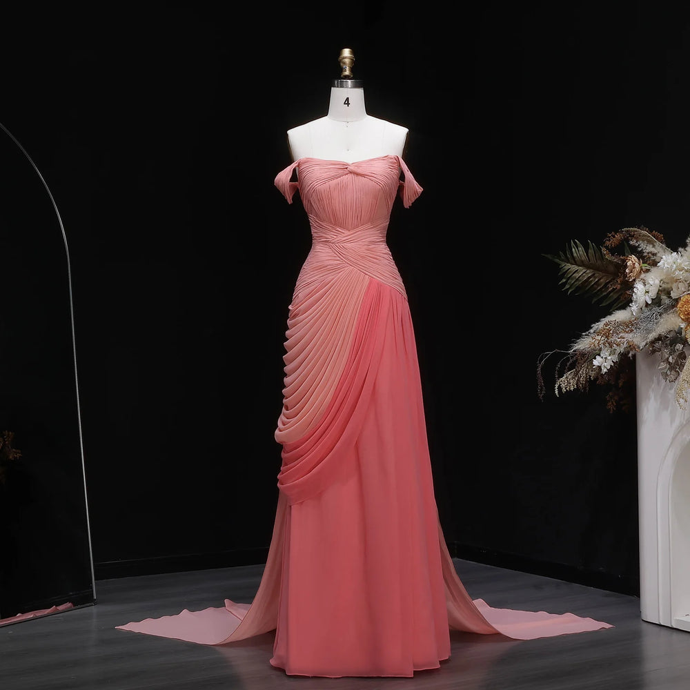Mannequin display of off shoulder ruched chiffon gown