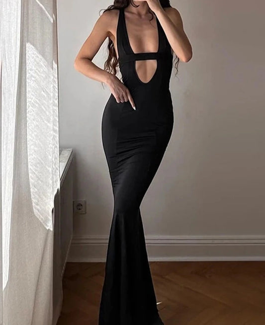 Deep V Neck Sleeveless Solid Black Long Dress