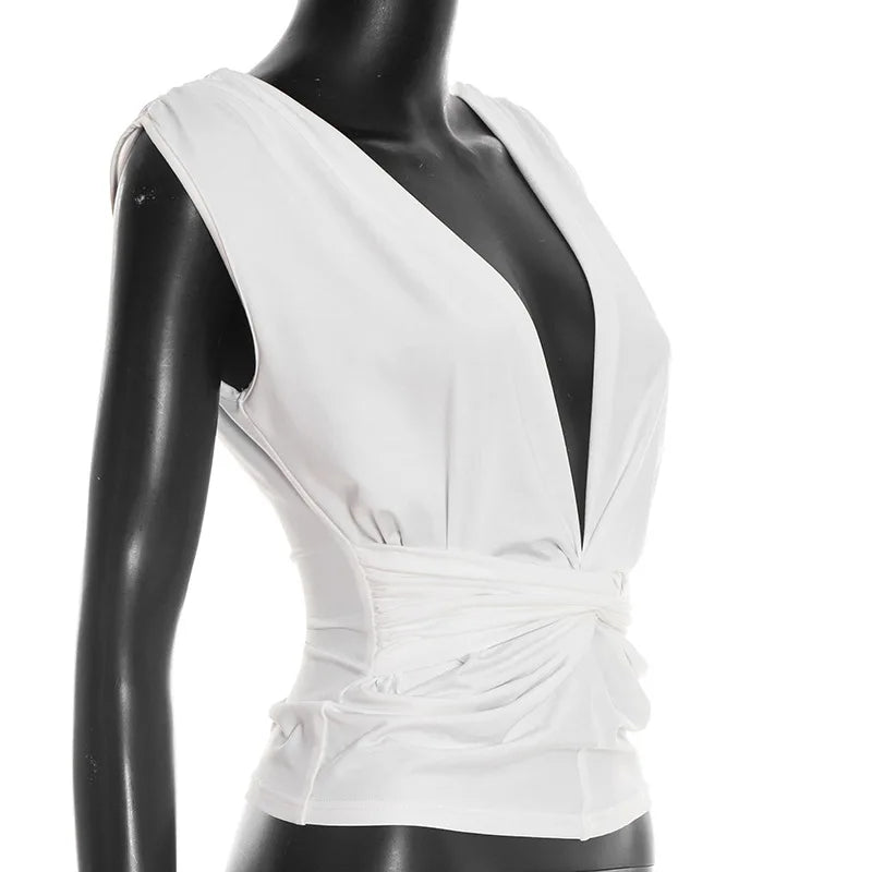 White sleeveless top on a mannequin against a white background