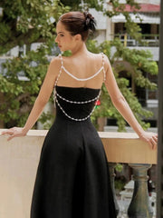 Black Strapless A-Line Midi Dress with Pearl Chain