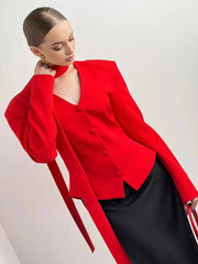 Padded Shoulder V-Neck Blazer With Scarf