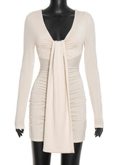 V-Neck Long Sleeve Ruched Drape Mini Dress