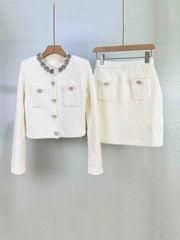 Fuzzy Rhinestone Buttoned Crop Coat And Mini Skirt Set