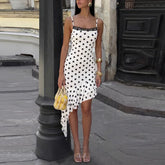 Polka dot lace trim asymmetric ruffle hem mini dress front view