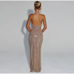 Deep V-Neck Sequin Fishtail Dress – Sleeveless Backless Beach Party Gown
