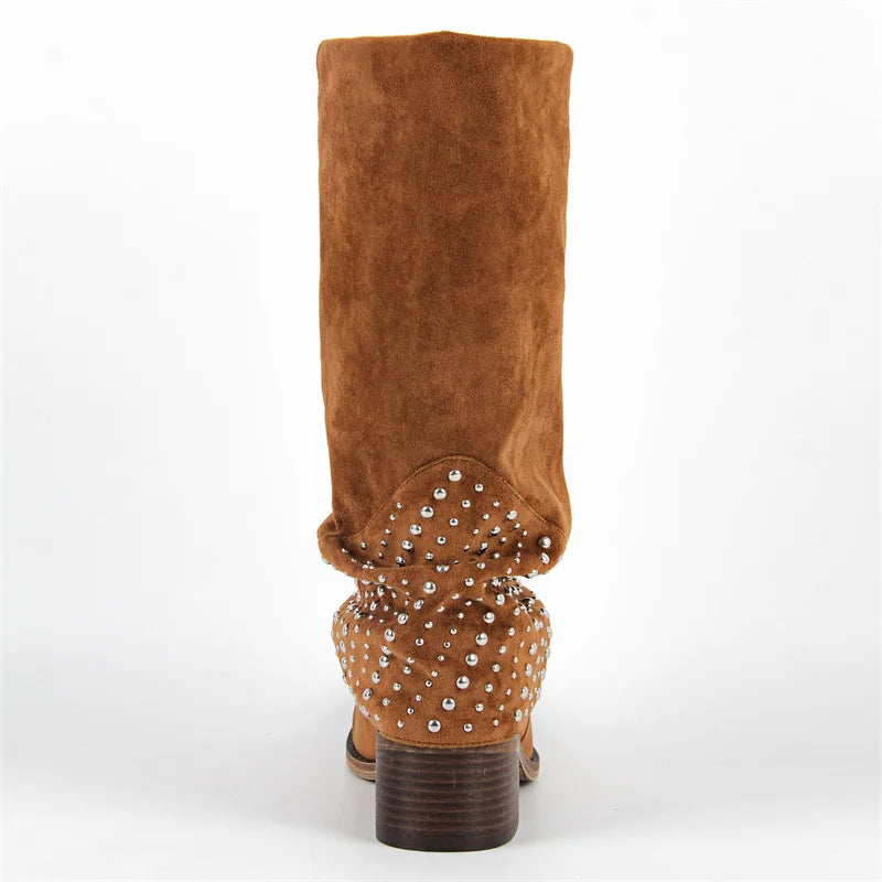 Rear view of brown faux suede boots with studded fold-over cuffs and block heels.