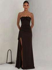 Strapless Lace Patchwork High Split Maxi Dress