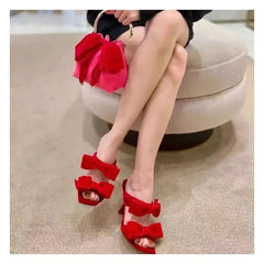 Pink Velvet Bow Stiletto Mules