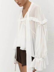 White Flounce V-Neck Flare Sleeve Ruffle Blouse