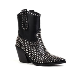 Black studded pointed toe block heel ankle boot