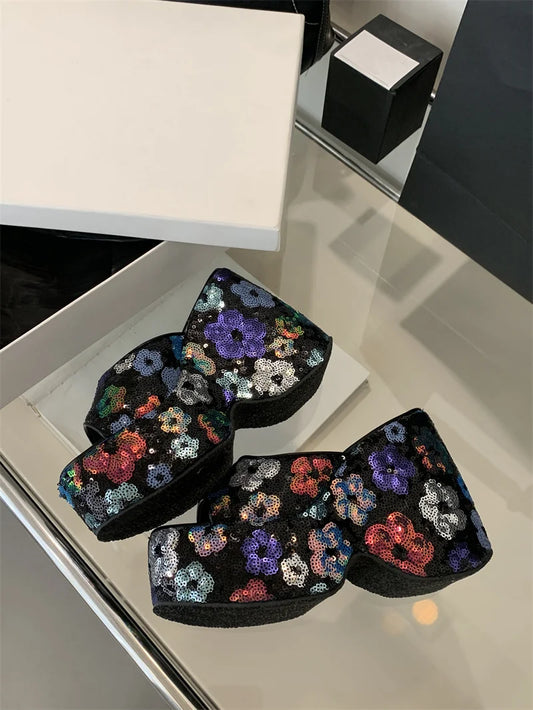 Black floral sequin platform wedge sandal with open toe