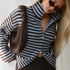 Striped High Neck Zip Sweater