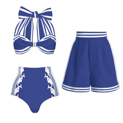 Striped Halter Bow Bikini Top and High-Waisted Shorts Set