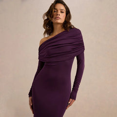 One Shoulder Draped Long Sleeve Maxi Dress