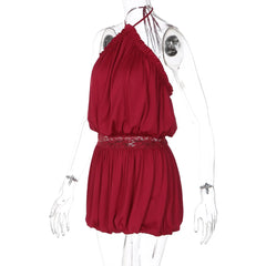 Halter Neck Ruched Lace Trim Mini Dress