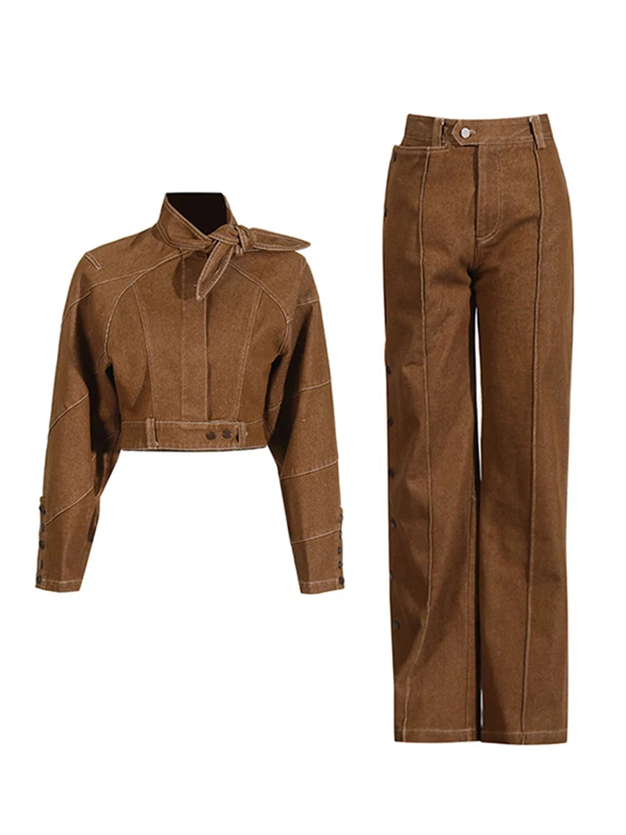 Brown jacket and pants set on a white background