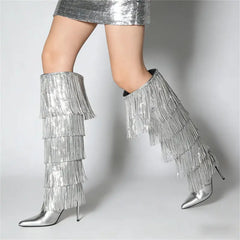 Pointed Toe Metallic Fringe Boots