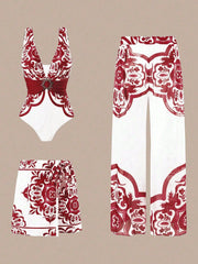 One-Shoulder Swimsuit with Oversized Flower Detail and Matching Printed Sarong Set