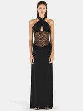 Halter neck maxi dress with black lace bodice and flowing black skirt