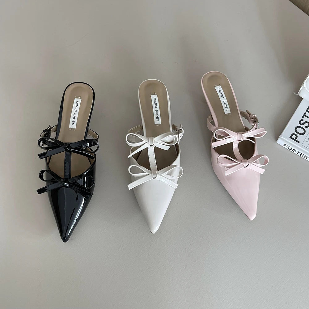 Pointed Toe Bow Design Mules Shoes Thin Low Heels Pumps