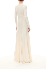 White Metal Decorated Drape Long Sleeve High Split Maxi Dress