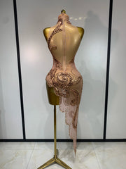Back view of mesh sequin asymmetric dress