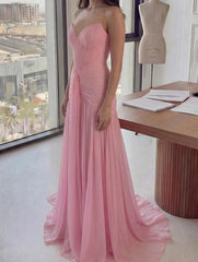 Strapless ruched chiffon trumpet evening dress side view