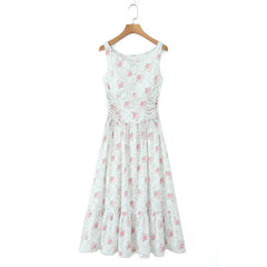 White Print Spliced Maxi Dress - Lace Up Slimming A-Line