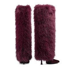 Fur Knee High Stiletto Pointed Toe Boots