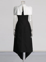 Cape Collar Sleeve Black Solid Midi Dress