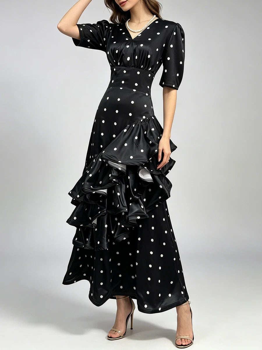 V-neck tiered ruffle polka dot maxi dress in black