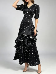 V-neck tiered ruffle polka dot maxi dress in black