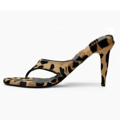 Leopard print stiletto thong sandal side view