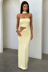 Strapless draped cutout maxi dress with halter neckline in yellow