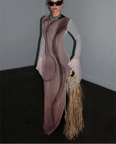 Sheer mesh maxi dress with bell sleeves and abstract print