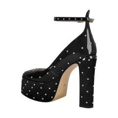 Black studded platform chunky heel pump with ankle strap
