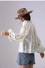Embroidered Cotton Blouse with Lantern Sleeves