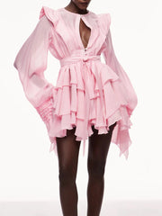 Pink ruffled full sleeved dress