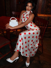 White Satin Red Polka Dot Turtleneck Maxi Dress