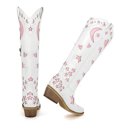 Embroidered Star Moon Knee High Boots