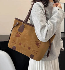 Cute Cat Face Suede Shoulder Tote Bag