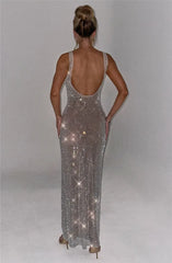 Sparkle Sequin Backless Maxi Dress – Sleeveless Club Gown with Square Neck